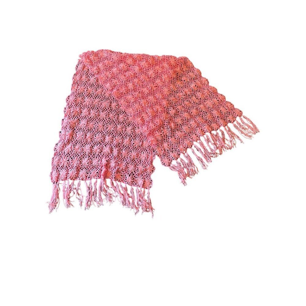Handmade Crochet Shawl Pink Floral Medallion Tassel Fringe Boho Wrap Scarf